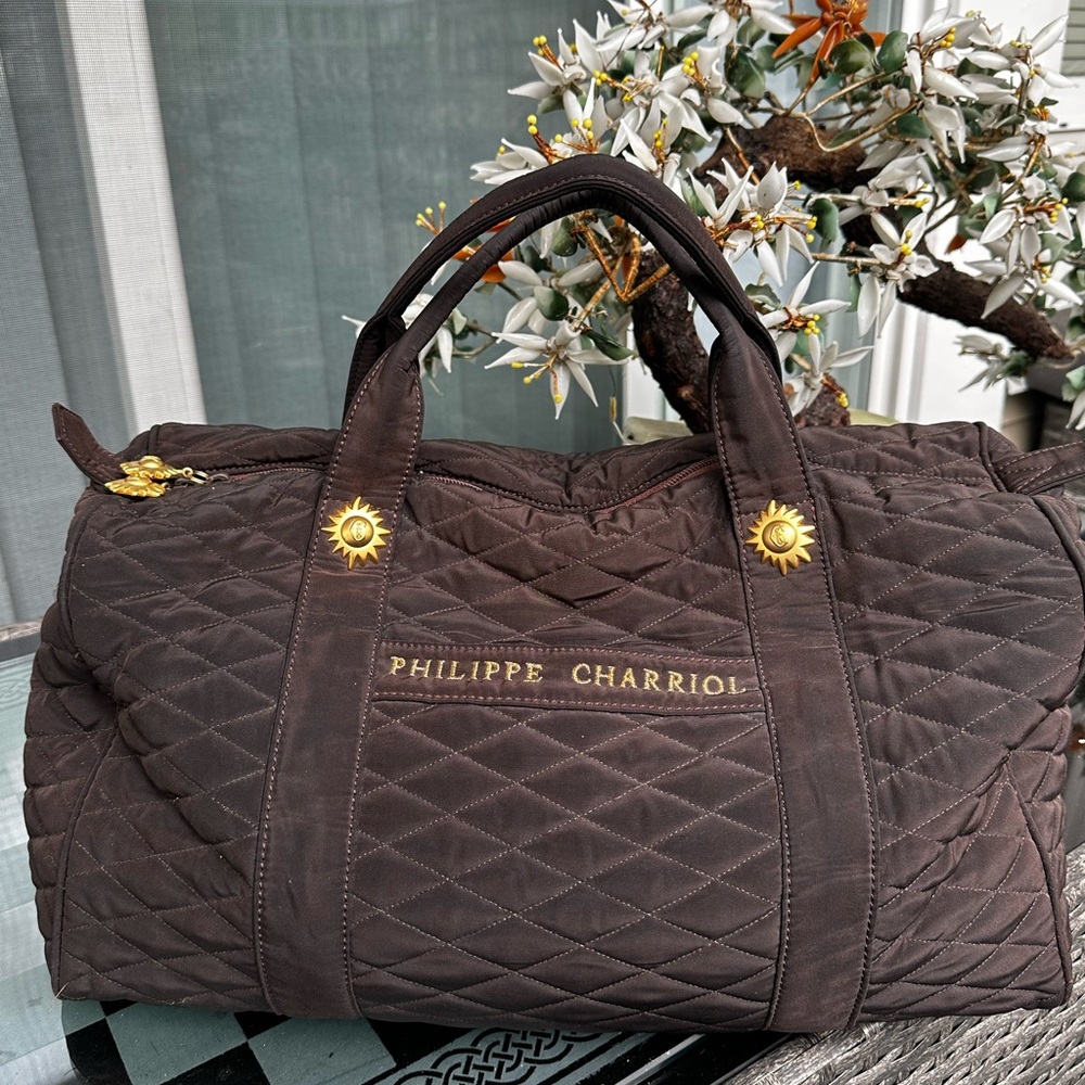 Philippe Charriol Quilted Dark Brown Travel Handcarry Luggage With Gold Details